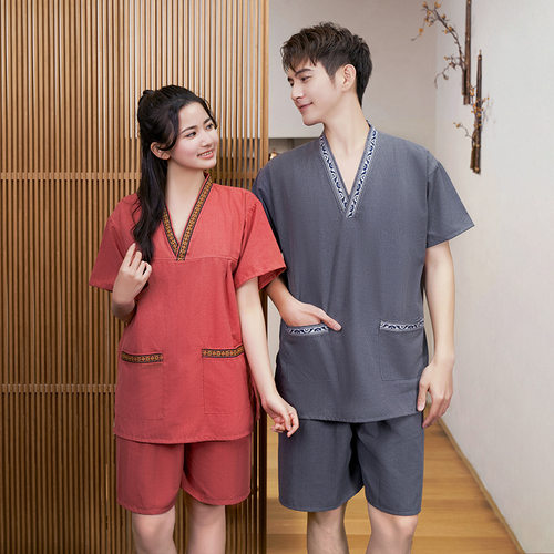 定制高档汗蒸服贡麻女艾灸服男士按摩桑拿服足浴服酒店浴衣理疗服