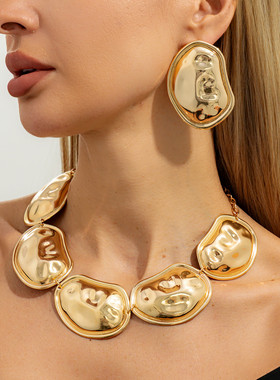 环保凹凸异形金色耳饰项链套装