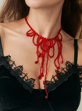 红色米珠水晶项链欧美时尚