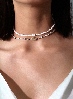 海螺米珠简约两件套装项链女 欧美个性复古海洋系列度假风锁骨链