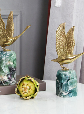 轻奢绿莹石天鹅摆件水晶天鹅黄铜鸟板房客厅玄关酒柜乔迁装饰摆件