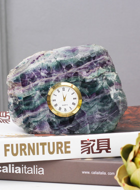 现代轻奢水晶摆件厅客厅玄关书房样板房水晶绿萤石时钟装饰品摆件