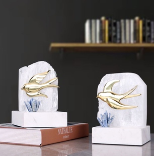 轻奢黄铜燕子摆件水晶石摆件客厅玄关样板房别墅乔迁软装饰品摆件