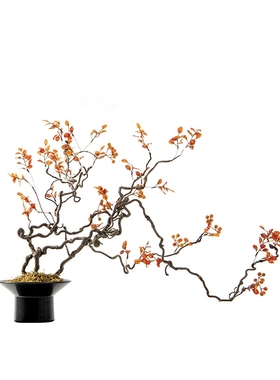 新中式禅意仿真花秋叶浆果干枝花艺盆景样板间别墅走廊装饰品摆件