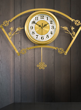 新中式黄铜竹报平安挂钟客厅现代创意时钟别墅玄关挂表扇形钟表