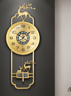 黄铜鹿挂钟轻奢挂墙万年历时钟壁挂客厅壁钟大厅玄关静音石英钟表