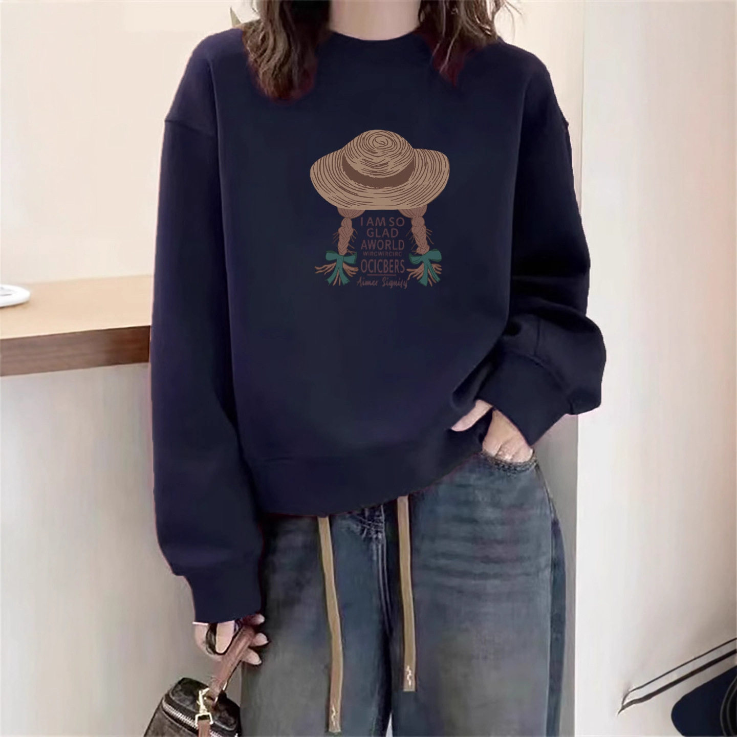 小个子卫衣女士圆领新款春秋冬加绒宽松加厚无帽百搭长袖上衣女装