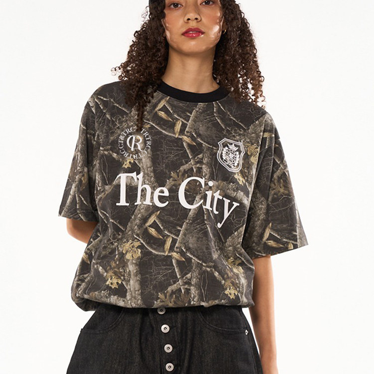 CTRTRC美式街头复古迷彩短袖T恤女宽松字母印花高街潮酷上衣