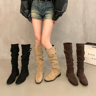 秋冬季 2025新款 瘦瘦高筒长筒靴子 粗跟绒面骑士靴堆堆长靴女鞋 法式