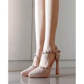 裸色超高跟鞋 气质不累脚粗跟防水台铆钉包头凉鞋 女2026春夏季 新款