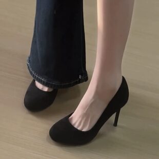 裸色高跟鞋女2026新款时尚百搭圆头细跟绒面气质不累脚浅口单鞋子