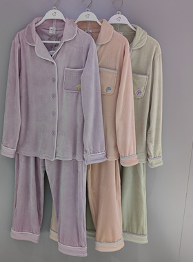 都市丽人女海岛绒睡衣LHT0C1抗静电保暖开衫翻领长袖裤家居服套装