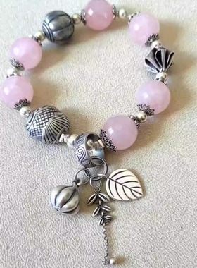 粉水晶手串银配件粉水晶复古女