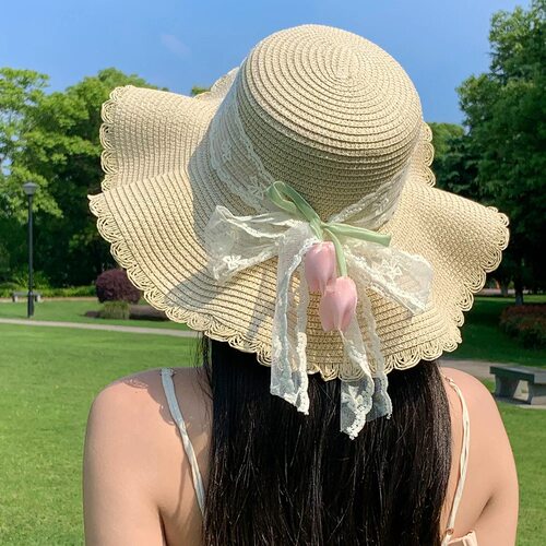 大头围甜美可爱蕾丝飘带草帽女度假风海边沙滩帽防晒遮阳太阳帽子