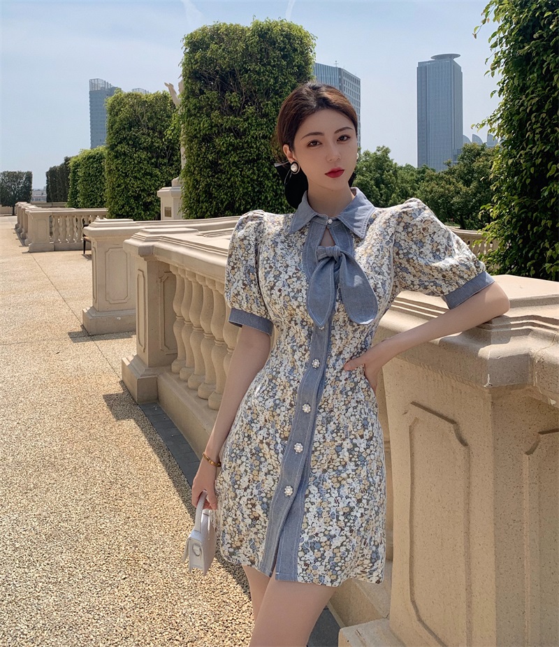 French sweet first love temperament small skirt summer 2021 new broken flower waist slim denim dress women