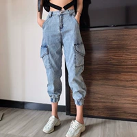 Quần yếm denim nữ rộng bf dầm chân 2019 hè mới phần mỏng eo thấp hậu cung chân rộng quần nhỏ chân thủy triều - Khởi động cắt quần thể thao nữ cá tính