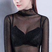 内搭黑色纱衣大码 洋气秋冬高领新款 蕾丝上衣 女长袖 透视网纱打底衫