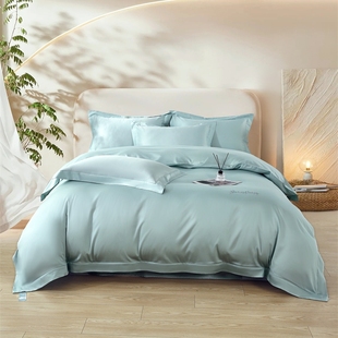 小绵羊素影流光长绒棉四件套全棉纯棉床单被套床上用品纯色轻奢
