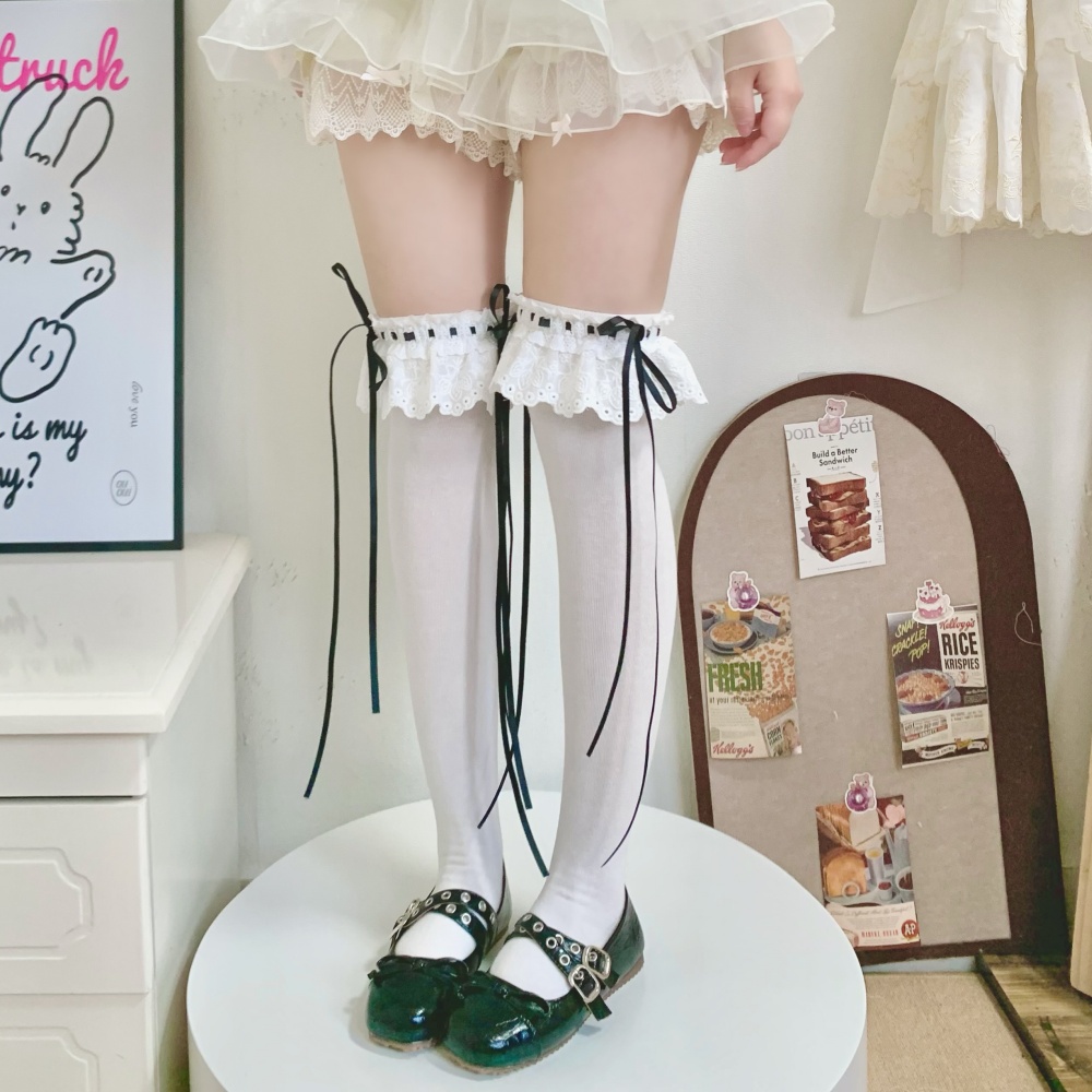 Lolita草莓花边过膝袜女蝴蝶结长筒袜堆堆袜甜美洛丽塔蕾丝花边袜
