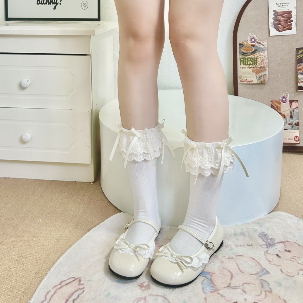 蕾丝花边小腿袜女春秋款日系洛丽塔蝴蝶结公主风短袜lolita棉袜女