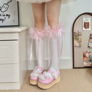 洛丽塔大花边小腿袜女lolita可爱花边中筒袜蝴蝶结堆堆袜纯欲棉袜