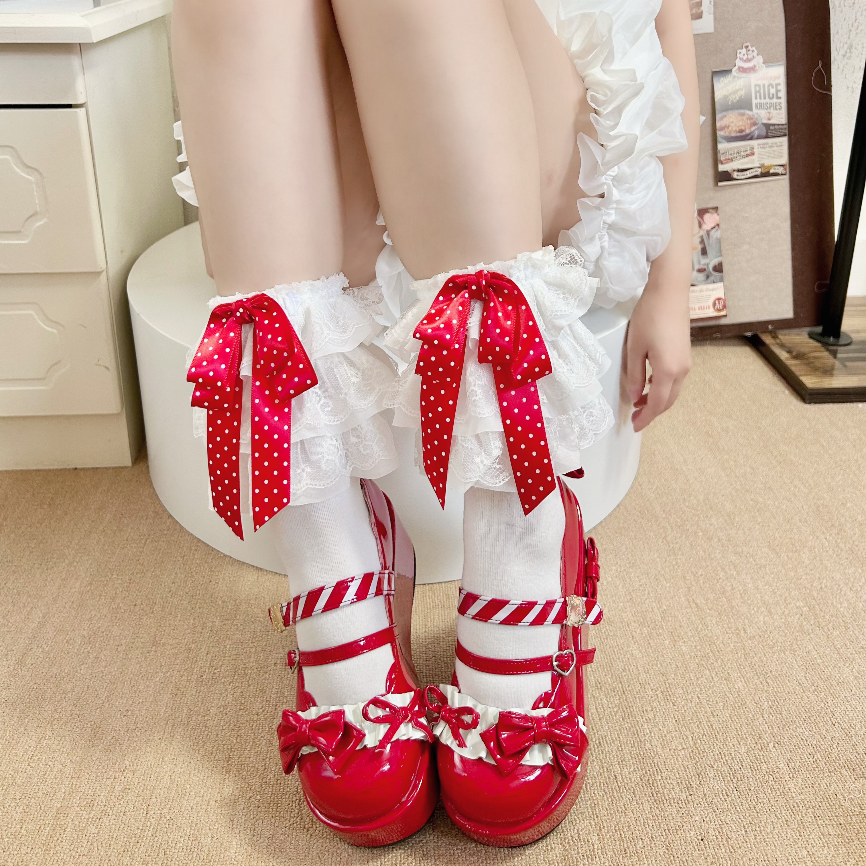 红色波点蝴蝶结花边袜女lolita短袜洛丽塔大花边小腿袜子甜美棉袜