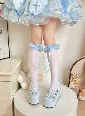 蓝色花边小腿袜女少女天鹅绒洛丽塔中筒袜甜妹蝴蝶结堆堆袜甜美袜