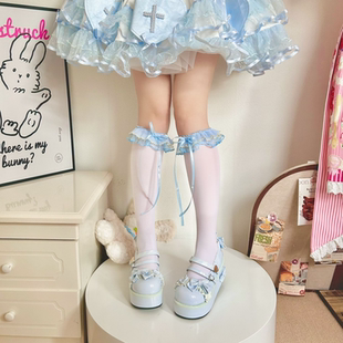 蓝色花边小腿袜女少女天鹅绒洛丽塔中筒袜甜妹蝴蝶结堆堆袜甜美袜