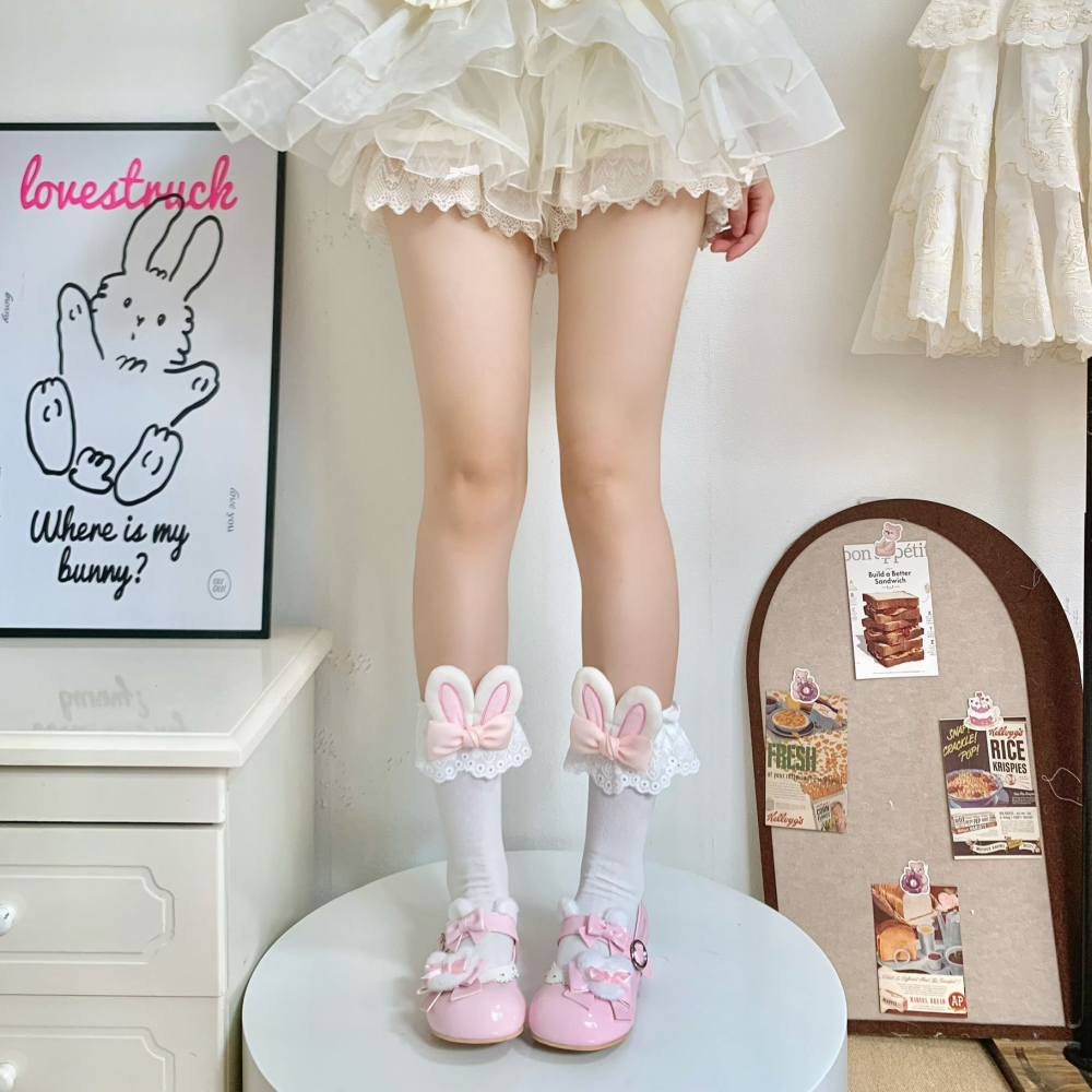 蝴蝶结小兔耳朵花边袜女lolita短袜甜妹洛丽塔小腿袜子甜美棉袜