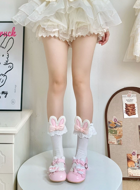 蝴蝶结小兔耳朵花边袜女lolita短袜甜妹洛丽塔小腿袜子甜美棉袜