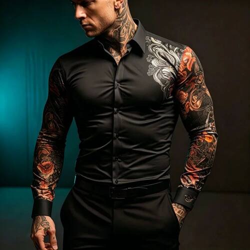 纯色拼接印花长袖衬衫 Solid color printed long sleeved shirt