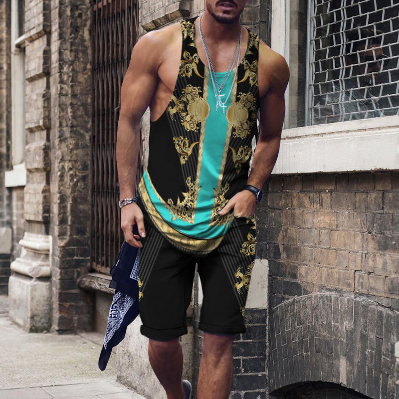 Men's casual loose sleeveless printed set男宽松无袖印花套装