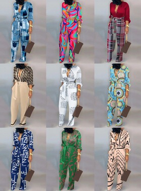 Color blocking buckle tie jumpsuit pants撞色排扣系带连体长裤