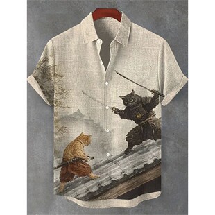 linen collar printed short shirt 翻领亚麻印花短袖 sleved Flip