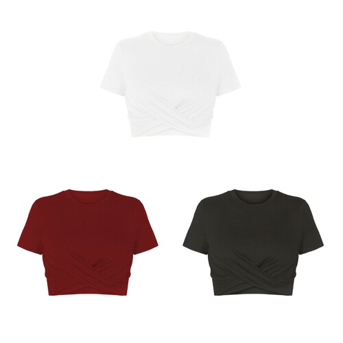 Solid round neck pleated open navel top纯色圆领褶皱露脐上衣