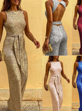 Round neck sequined slim fitting jumpsuit 修身圆领亮片连体衣