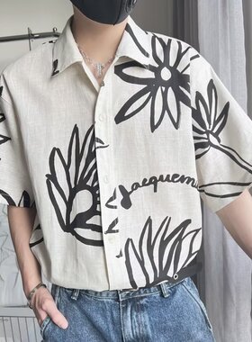 Printed buckle short sleeved casual shirt印花系扣短袖休闲t恤