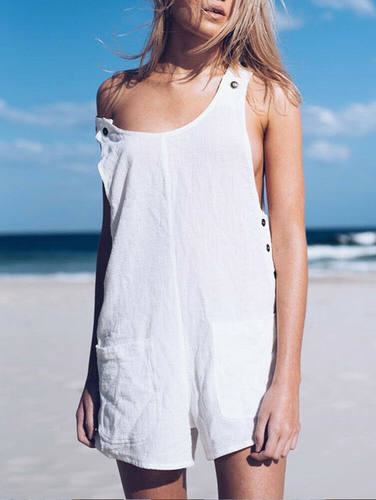 Cotton and linen solid color strap jumpsuit棉麻背带连衣短裤