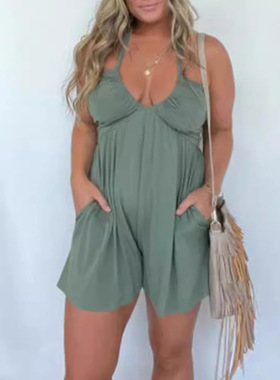 Hanging neck sleeveless backless jumpsuit挂脖无袖露背连体裤