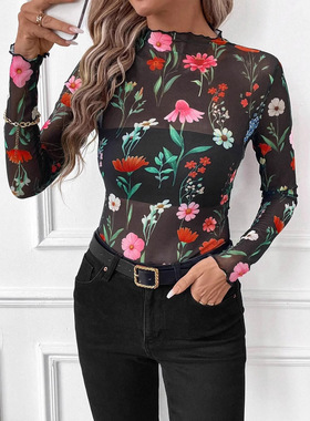 Black fungus edge printed long sleeved shirt木耳边印花上衣女