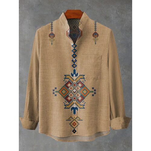 翻领印花长袖衬衫男 Men's  collar  printed long sleeved shirt