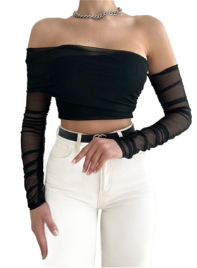 Solid color chest wrap off shoulder mesh top裹胸露肩网纱上衣