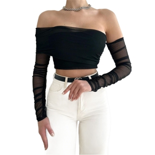 Solid color chest wrap off shoulder mesh top裹胸露肩网纱上衣