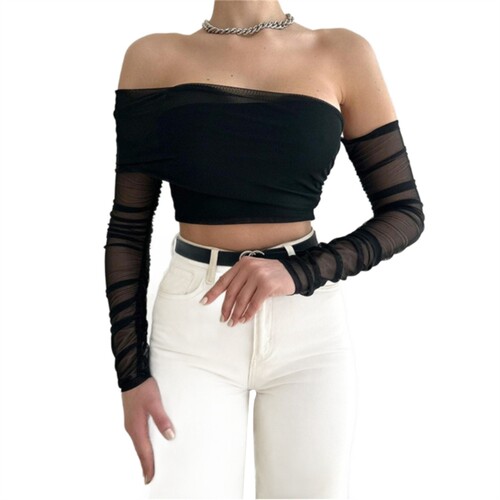 Solid color chest wrap off shoulder mesh top裹胸露肩网纱上衣