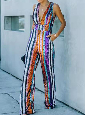 Sleeveless sequined straight leg jumpsuit无袖亮片直筒连体裤