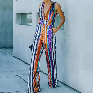 亮片直筒连体裤 Sleeveless jumpsuit无袖 leg sequined straight