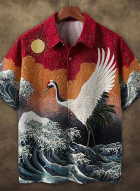 翻领印花透气开襟衬衫男 Flip collar breathable open top shirt