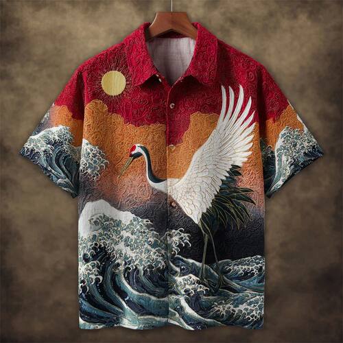翻领印花透气开襟衬衫男 Flip collar breathable open top shirt