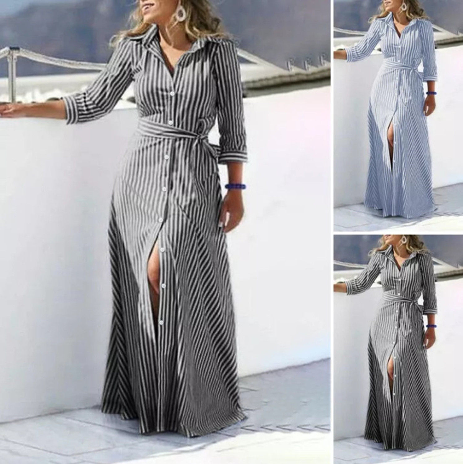 Striped shirt sleeve irregular dress  条纹衬衫袖不规则连衣裙