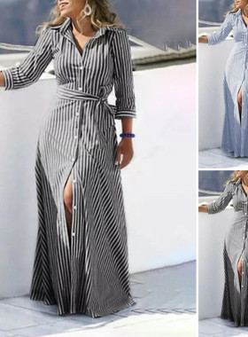 Striped shirt sleeve irregular dress  条纹衬衫袖不规则连衣裙